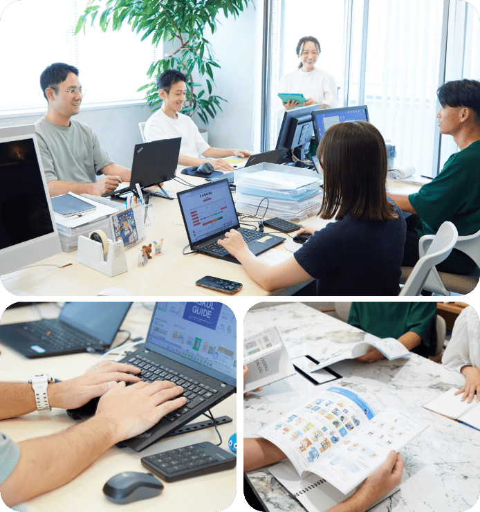 デスクに資料や書類を広げ、商品カタログを見ながら会議を進めている